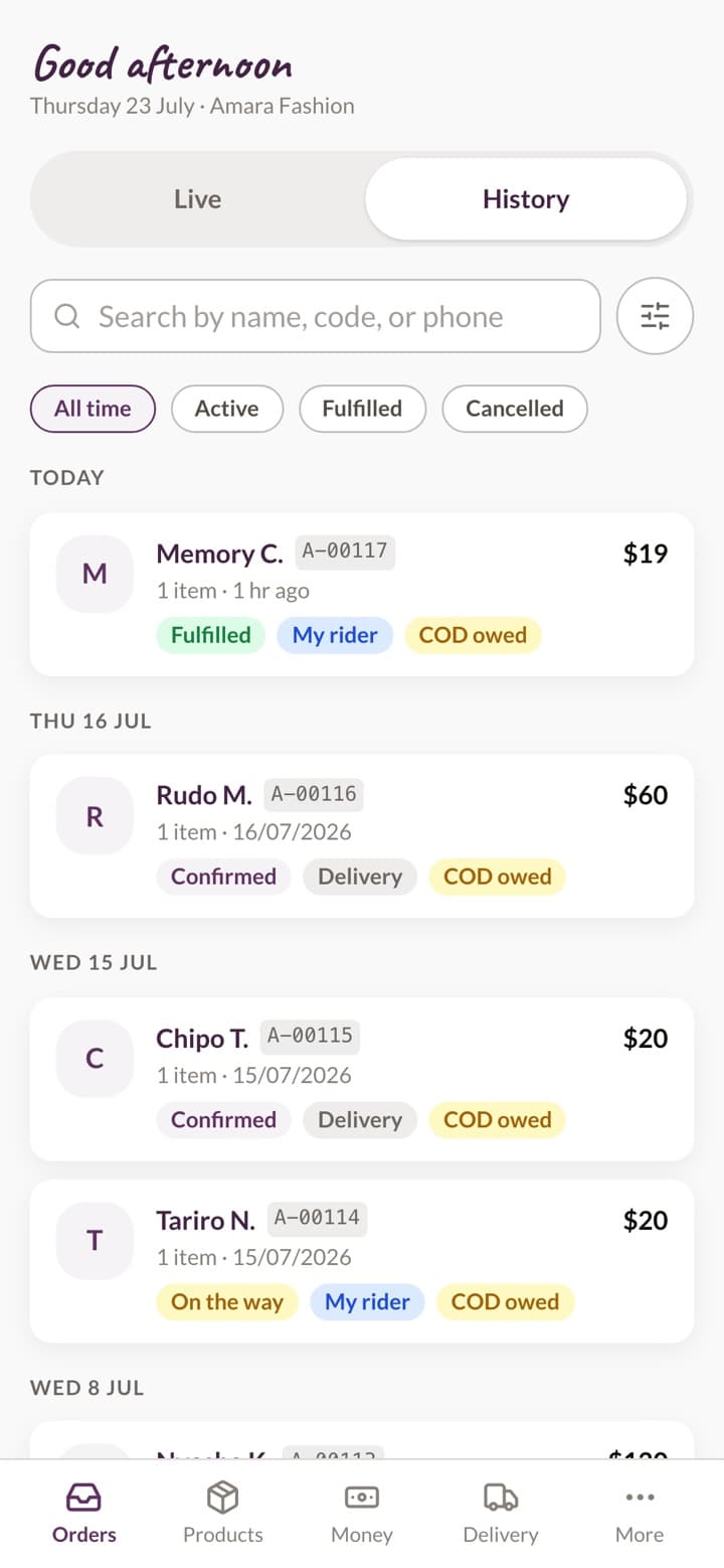 The URAFRO merchant app, a real orders screen
